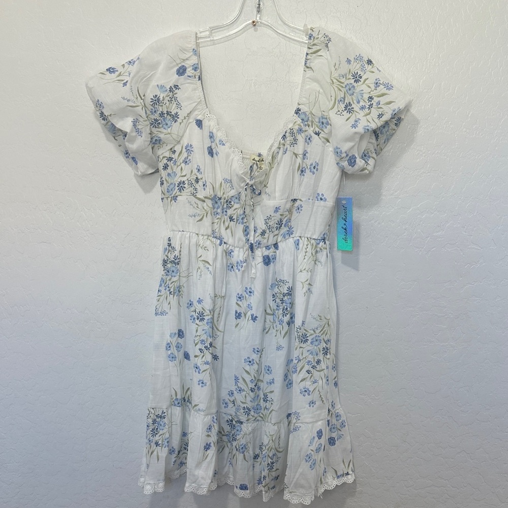 New boho fairy lace White Dress Blue Floral XL spring mini cottage‎ dainty
